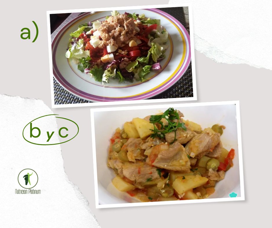 Ensalada de pimientos asados atún y huevo con conejo guisado con patatas